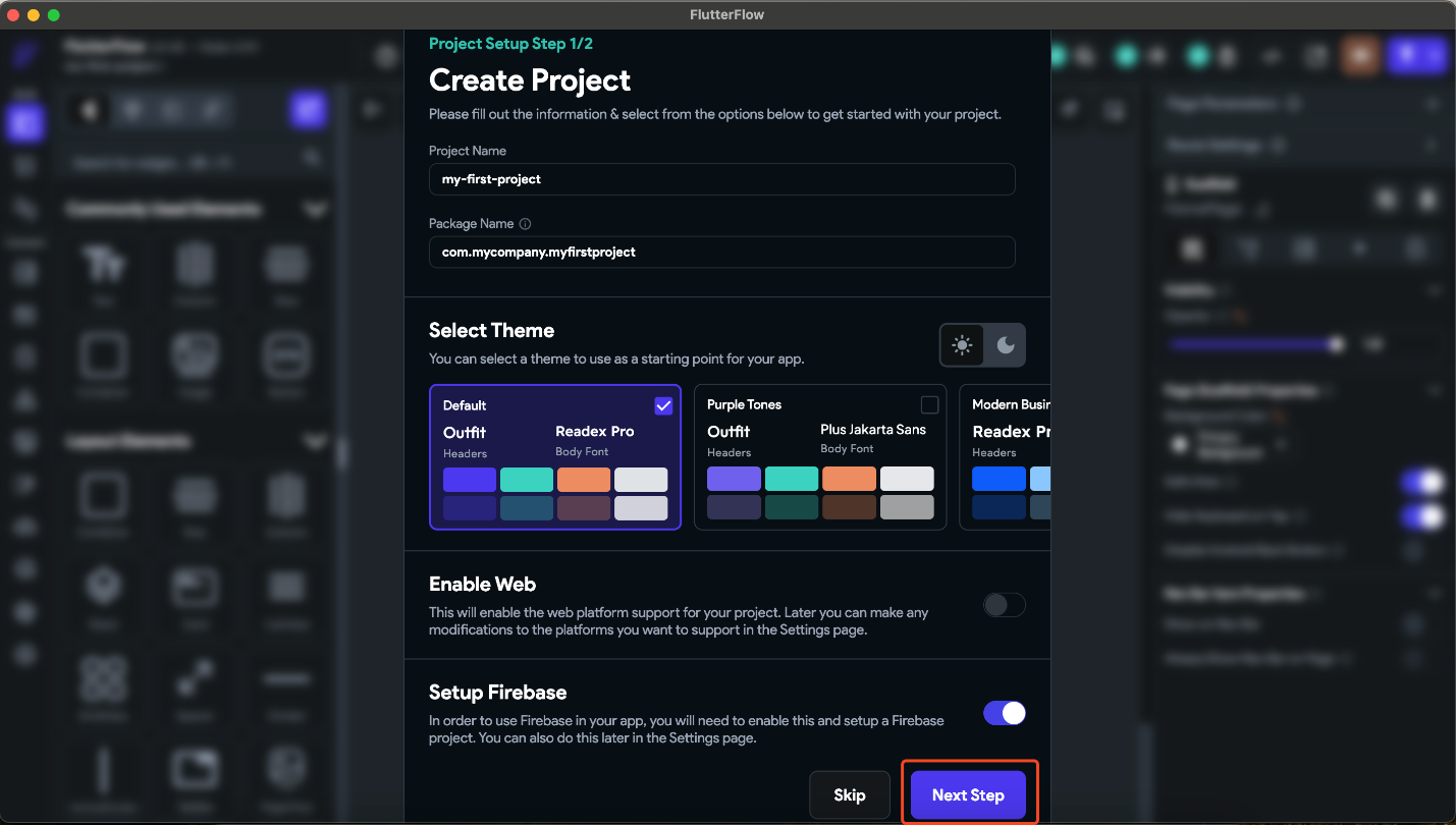 A screenshot of Project Setup Step 1/2 