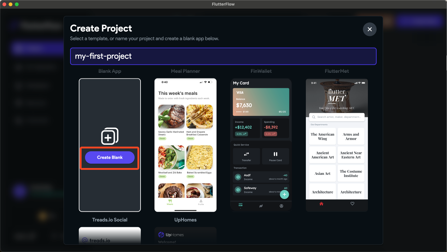 A screenshot of the Create Project Screen to create a blank project.